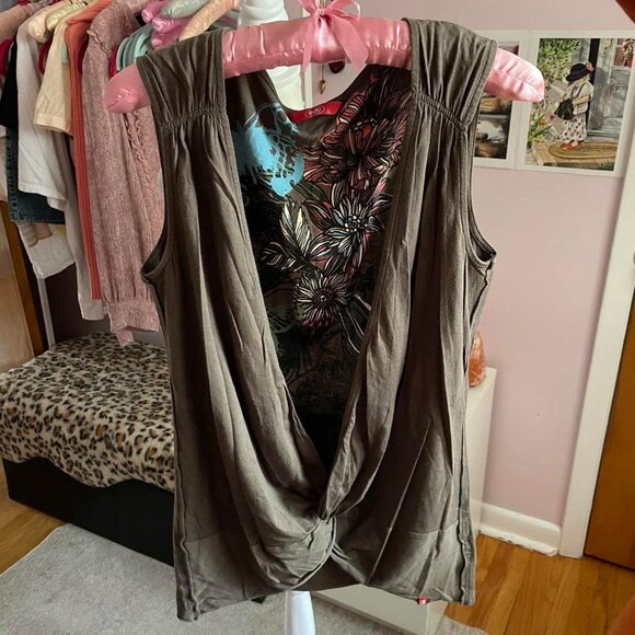 Y2K EDC Olive Green Deep V-Neck Top - Picture 1 of 6